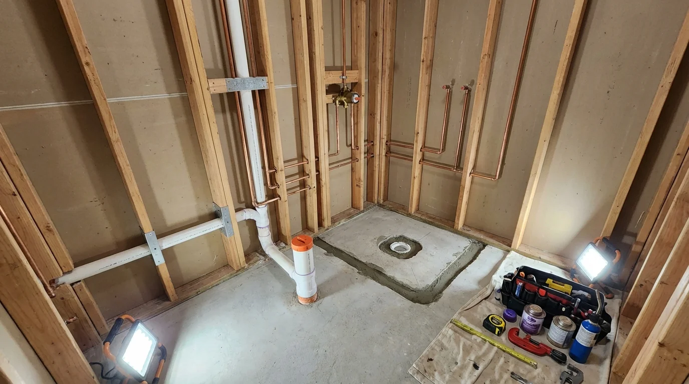 Bathroom rough-in plumbing during remodel by Johns Plumbing LLC in Bay Minette
