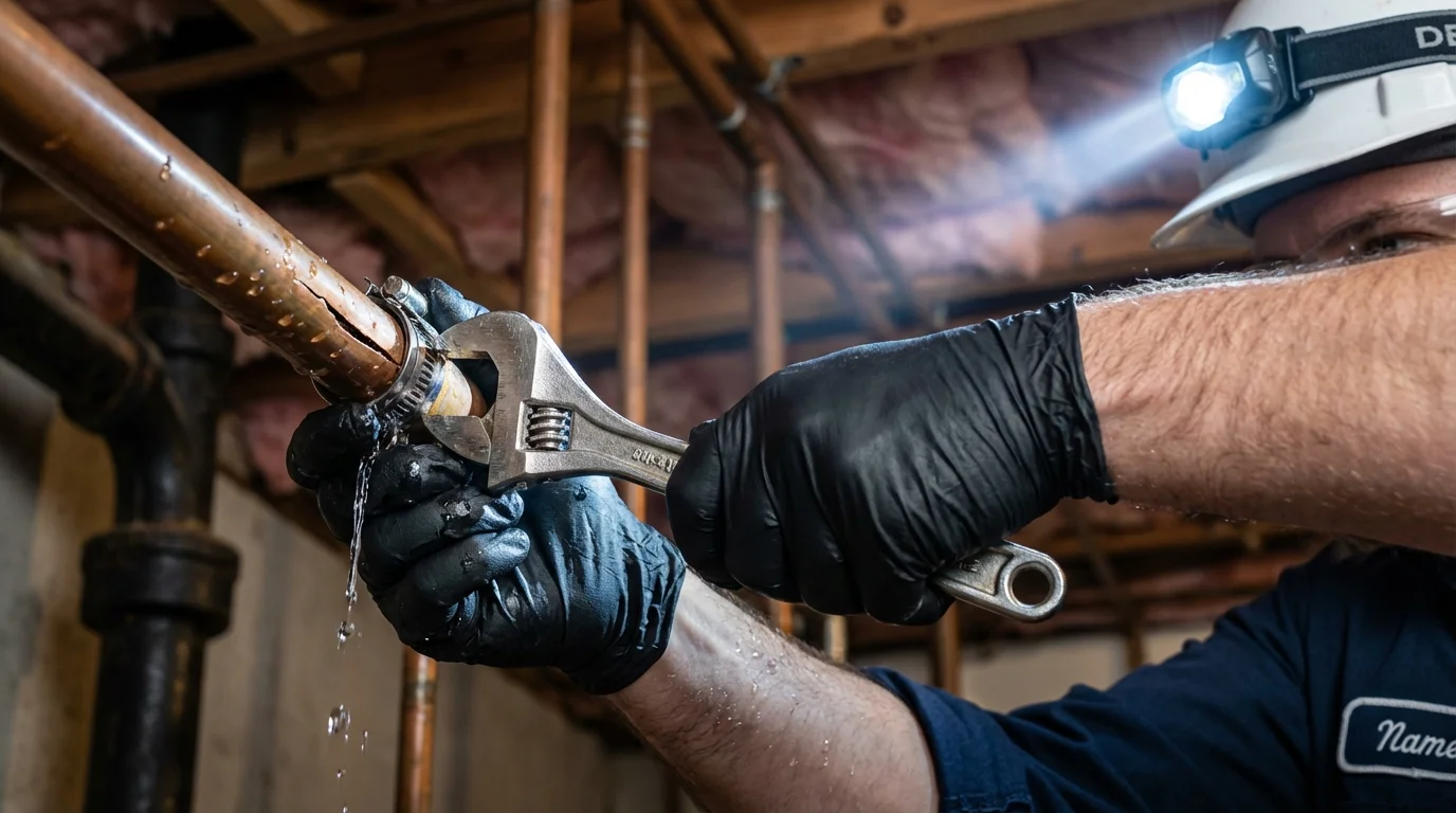 Emergency pipe clamp repair being performed by a Johns Plumbing LLC plumber in Bay Minette
