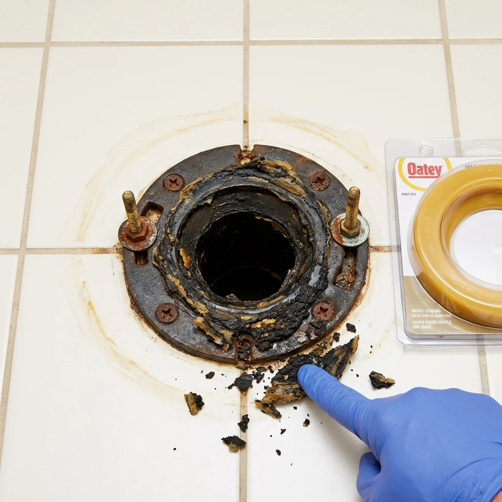 Failed wax ring showing water seepage at the base of a toilet in a Bay Minette, AL home