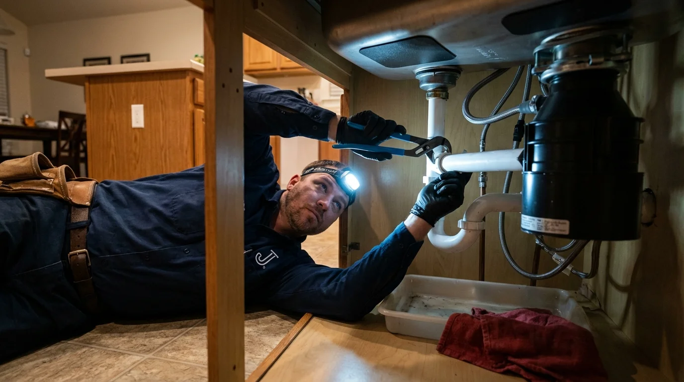 P-trap and supply line connections under a kitchen sink showing a common leak point in Bay Minette, AL